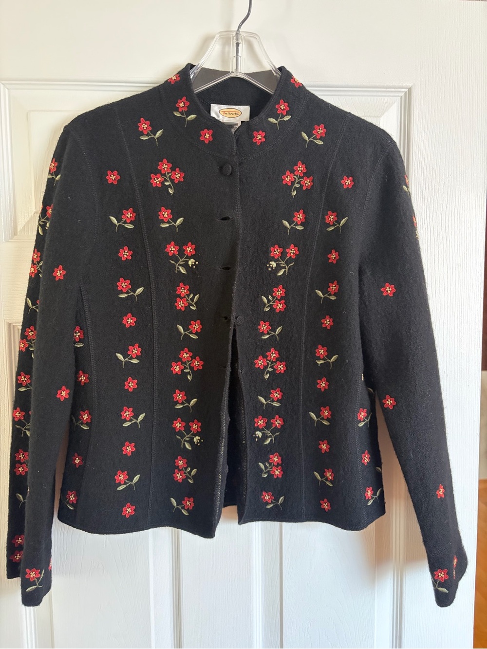 Vintage Talbots 100% Wool Black Floral Embroidered Button Front Jacket Blazer